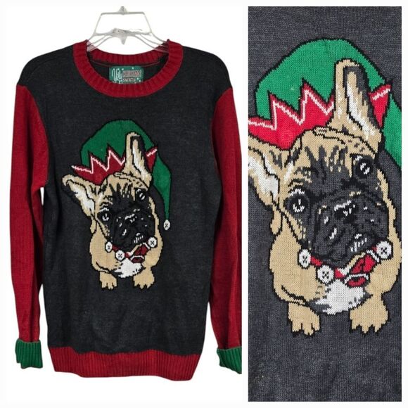 Ugly Christmas Sweater French Bull Dog Elf Pullover Motion LED Light Knit Unisex - Picture 10 of 10